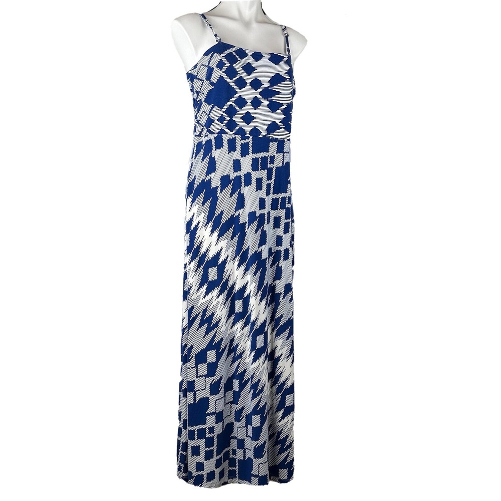 Chico's Blue White Geometric Ikat Maxi Dress Womens‎ 3 US XL Adjustable Straps